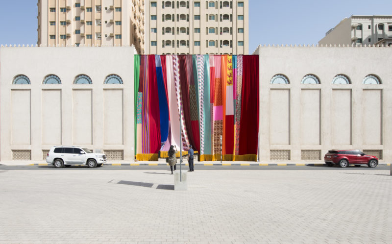 Joe Namy - Libretto-o-o- A Curtain Design in the Bright Sunshine Heavy with Love, 2017. Curtain, Stereo Sound. Commissioned by Sharjah Art Foundation