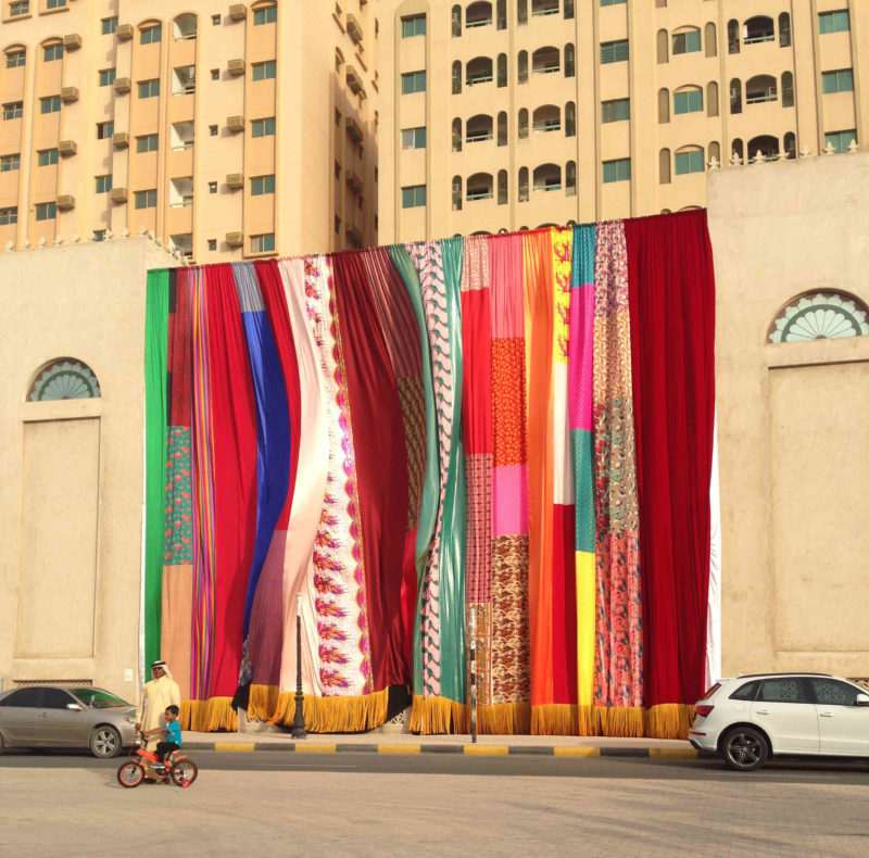 Joe Namy - Libretto-o-o- Curtain Design In The Bright Sunshine Heavy With Love. Installation view, Sharjah Biennial 13.