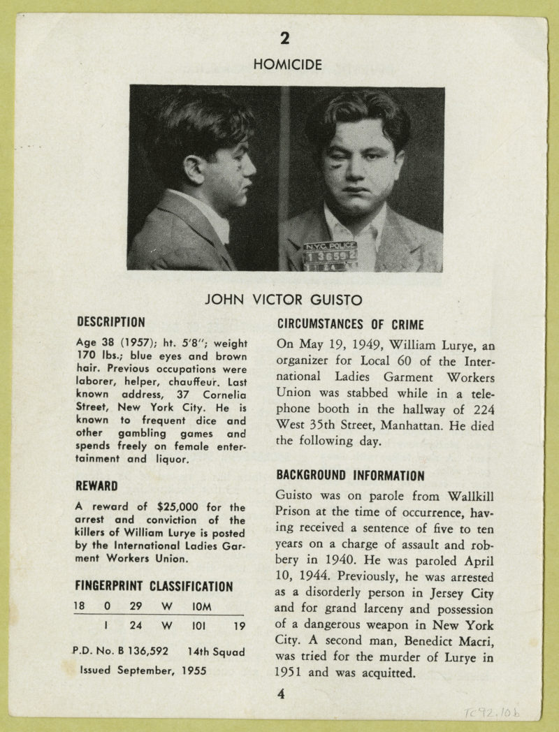 Page from ‘The Thirteen Most Wanted’, Police Department, City of New York
