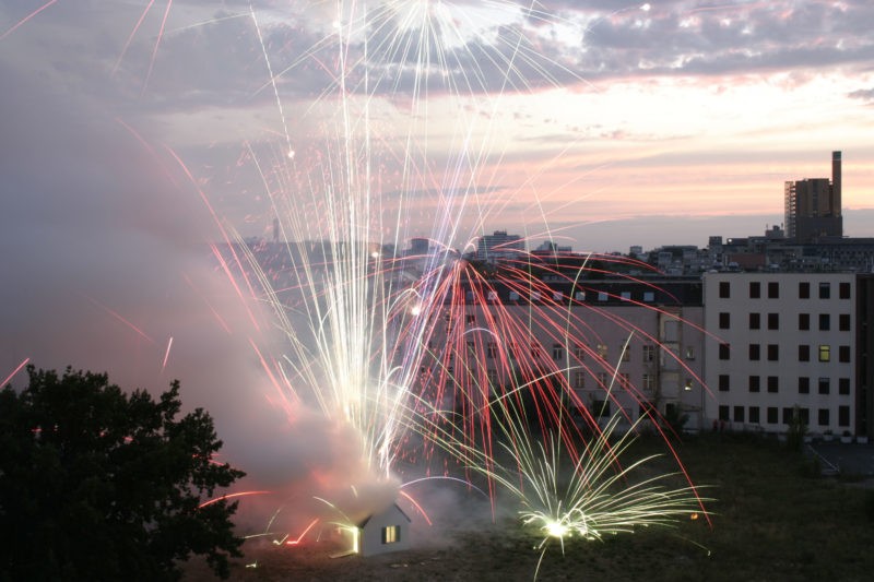Cai Guo-Qiang – Illusion II: Explosion Project, 2006, 2,000 assorted firework shells, plaster, wood, and cardboard, realized at Möckernstraße / Stresemannstraße, Berlin, July 11, 9:30 p.m., 18 minutes, photo: Hiro Ihara