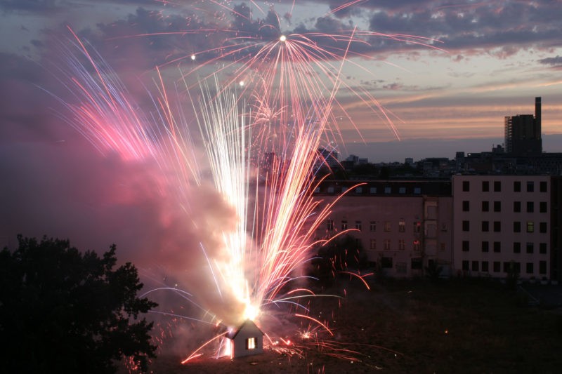 Cai Guo-Qiang – Illusion II: Explosion Project, 2006, 2,000 assorted firework shells, plaster, wood, and cardboard, realized at Möckernstraße / Stresemannstraße, Berlin, July 11, 9:30 p.m., 18 minutes, photo: Hiro Ihara