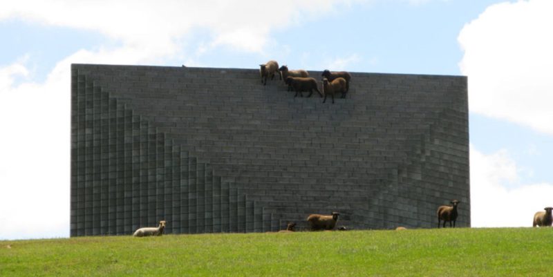 Sol LeWitt - Pyramid (Keystone NZ), 1997, Standard concrete blocks, 7.75 x 16 x 16m, Gibbs Farm sculpture park, Makarau, New Zealand, with sheep climbing sculpture