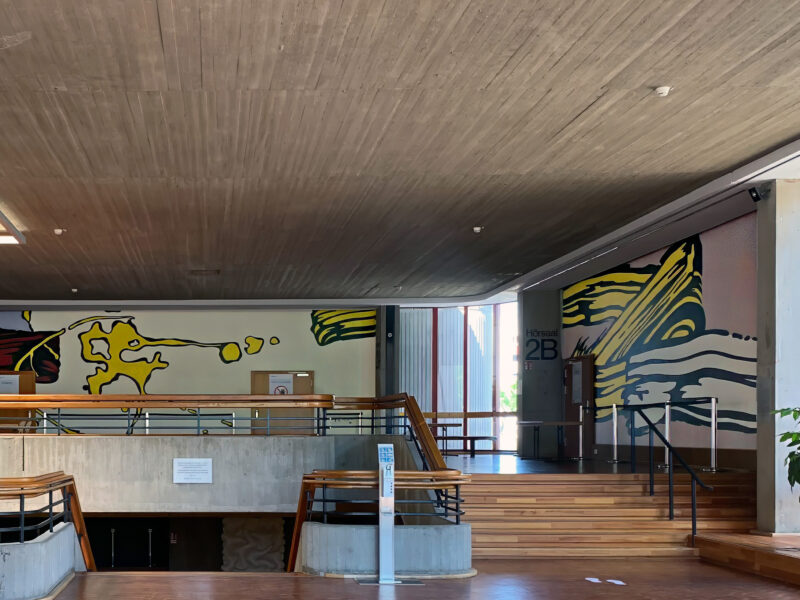 Roy Lichtenstein - Brushstroke Mural, 1970, installation view, Heinrich-Heine University, Düsseldorf, Germany, 36.6 x 10.67 m (144 x 420 inches), 4 walls, magna on plaster