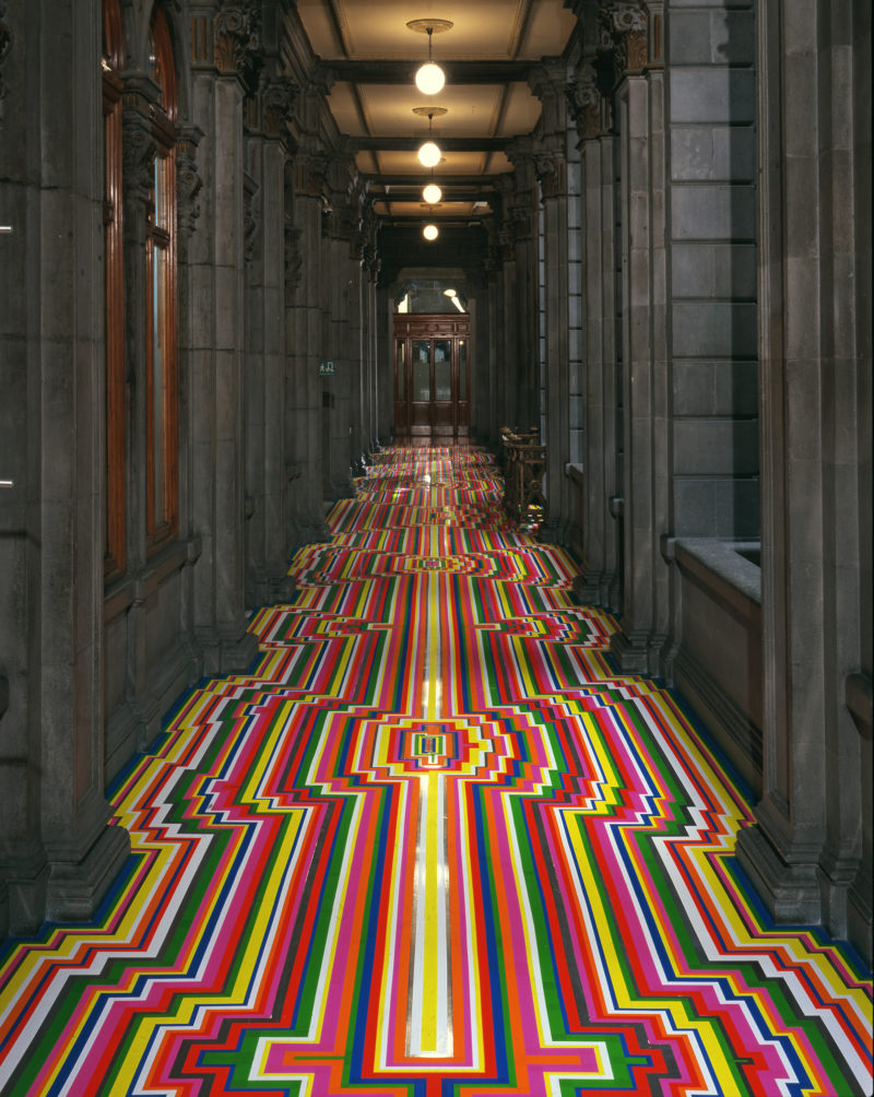 Jim Lambie - Zobop (Fluorescent), 2006, Vinyl tape, Dimensions variable, Installation view, La Colección Jumex, México, Museo Nacional de Arte, 2008