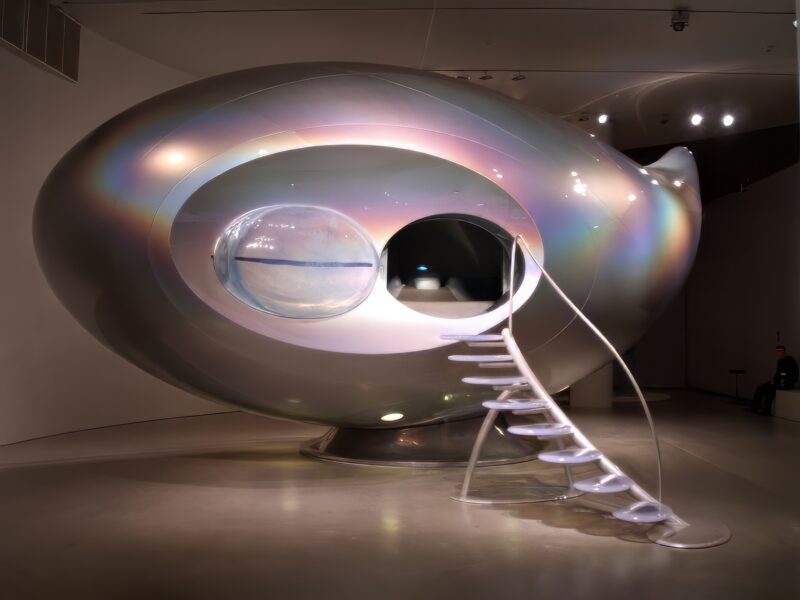 Mariko Mori – Wave UFO, 1999-2002, brainwave interface, vision dome, projector, computer system, fiberglass, 207 x 446 x 194 inches (528 x 113.4 x 493 cm), ARoS Museum, Aarhus, Denmark