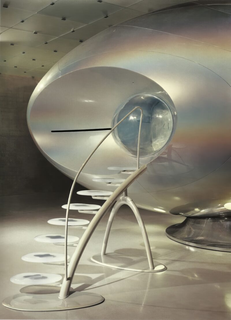 Mariko Mori – Wave UFO, 1999-2002, brainwave interface, vision dome, projector, computer system, fiberglass, 207 x 446 x 194 inches (528 x 113.4 x 493 cm), ARoS Museum, Aarhus, Denmark