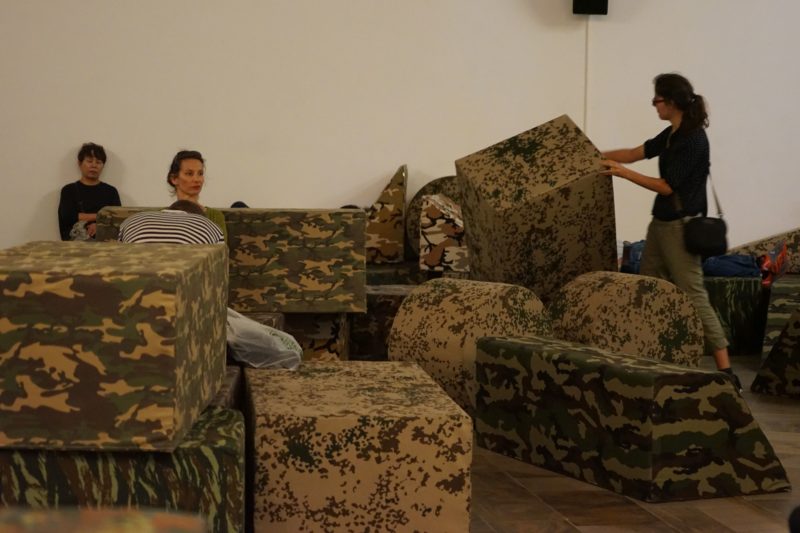 Andreas Angelidakis - Polemos, 2017, 136 foam and vinyl seating modules, camouflage fabrics, installation view, documenta 14, Fridericianum museum, Kassel, Germany, 2017