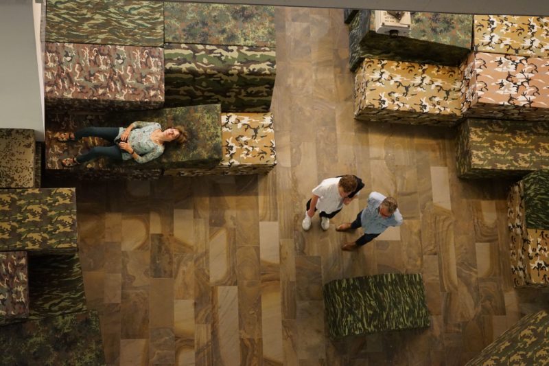 Andreas Angelidakis - Polemos, 2017, 136 foam and vinyl seating modules, camouflage fabrics, installation view, documenta 14, Fridericianum museum, Kassel, Germany, 2017