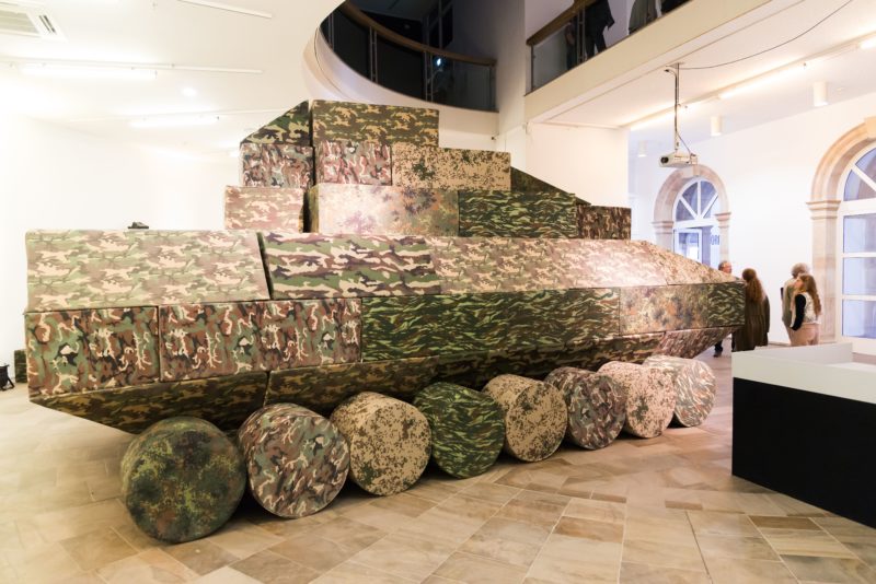 Andreas Angelidakis - Polemos, 2017, 136 foam and vinyl seating modules, camouflage fabrics, installation view, documenta 14, Fridericianum museum, Kassel, Germany, 2017