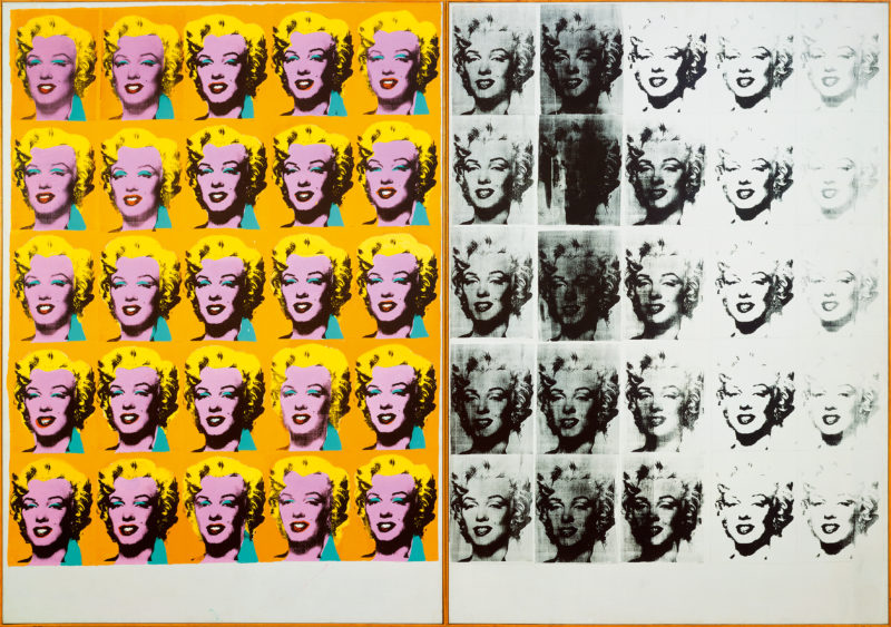 Andy Warhol - Marilyn Diptych, 1962, acrylic, silkscreen ink, and graphite on linen, two panels, 205.4 x 289.6 cm (80 7/8 x 114 in.) overall. Tate, London