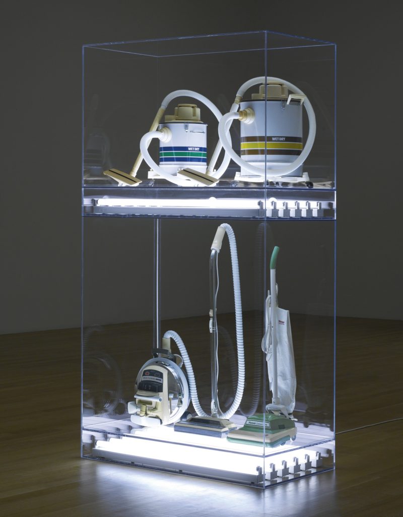 Jeff Koons - The New - New Hoover Celebrity IV, New Hoover Convertible, New Shelton 5 Gallon Wet/Dry, New Shelton 10 Gallon Wet/Dry Doubledecker, 1981-1986, four vacuum cleaners, acrylic, fluorescent lights, 251.5 x 135.9 x 71.1 cm