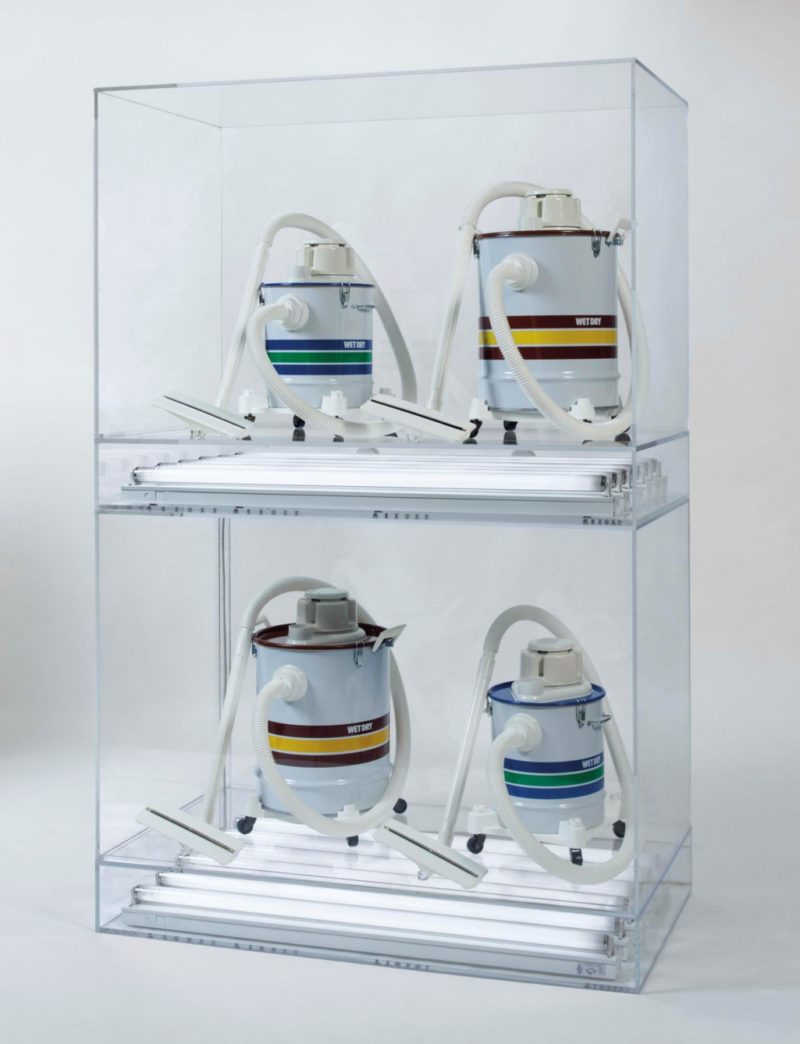 Jeff Koons - The New - New Shelton Wet:Drys 10 Gallon, New Shelton Wet:Drys 5 Gallon Doubledecker, 1981-1986, four vacuum cleaners, acrylic, fluorescent lighting, 208.3 x 132.1 x 71.1 cm