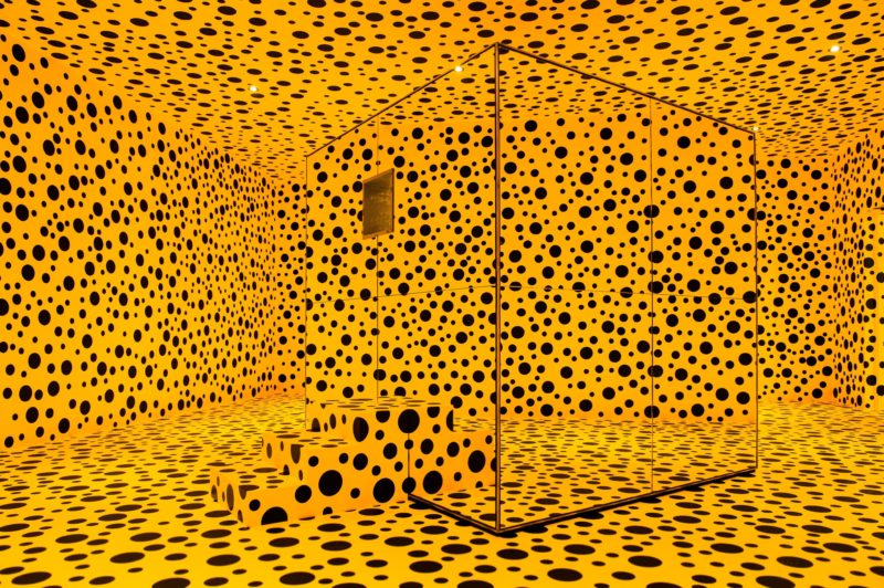 A polka dot-covered orange and black Pumpkin mirror room by Yayoi, originally shown at the The Japan Pavilion, The 45th Venice Biennale in 1993, Venice, Italy, installation view at Louisiana MoMA