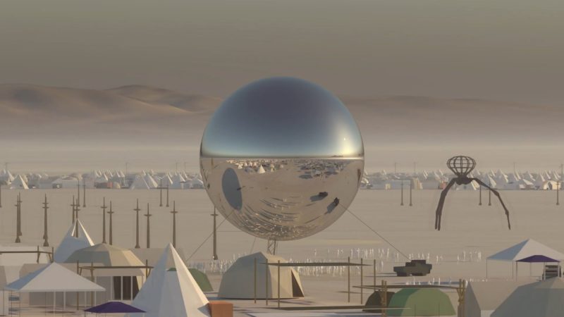 Bjarke Ingels and Jakob Lange - The Orb, 2018, inflatable mirrored sphere, 32-metre inclined steel mast, approximately 100 feet (30 metres) in diameter, at Burning Man festival, Nevada desert