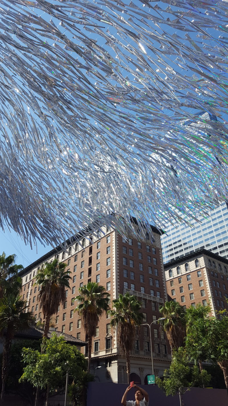 Poetic Kinetics (Patrick Shearn) - Liquid Shard, 2016, holographic Mylar, monofilaments, approx. 15,000 square feet, installation view, Pershing Square, Los Angeles