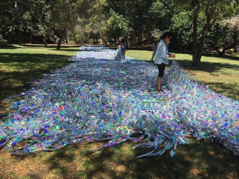 Preparation of Poetic Kinetics' Liquid Shard, 2016, holographic Mylar, monofilaments, approx. 15,000 square feet