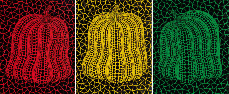 Yayoi Kusama - Pumpkin, 2003, acrylic on canvas, triptych, each 27.2 x 22.2 cm (10 6/8 x 8 6/8 in.)