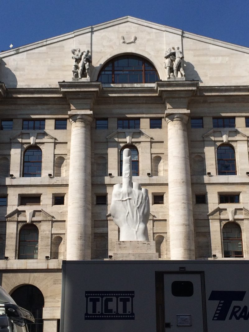 Maurizio Cattelan - L.O.V.E., 2010, White Carrara Marble, roman travertine, 1100 x 470 x 470 cm (36.1 x 15.5 x 15.5 feet), Piazza Affari Milano, Italy