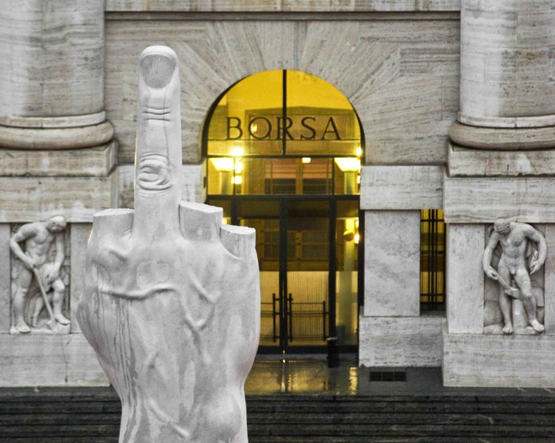 Maurizio Cattelan - L.O.V.E., 2010, White Carrara Marble, roman travertine, 1100 x 470 x 470 cm (36.1 x 15.5 x 15.5 feet), Piazza Affari Milano, Italy