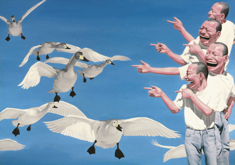 Yue Minjun - Big Swans, 2003, oil on canvas, 200 x 280 cm. (78 3:4 x 110 1:4 in.)