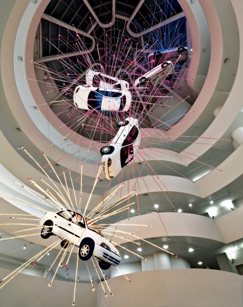 Cai Gao-Qiang – Inopportune: Stage One, 2004, nine Ford Taurus cars, sequenced multichannel light tubes, Guggenheim, New York