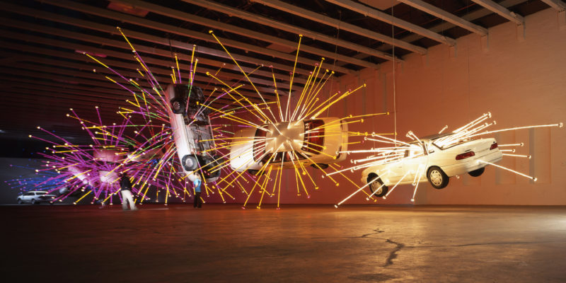Cai Gao-Qiang – Inopportune Stage One, 2004, nine Ford Taurus cars, sequenced multichannel light tubes, Mass MoCA, December 1, 2004 - October 30, 2005