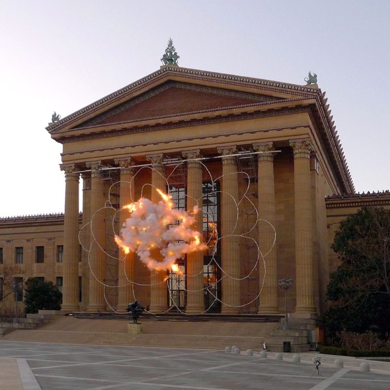 Cai Guo-Qiang - Fallen Blossoms- Explosion Project, 2009, Gunpowder fuse, metal net for gunpowder fuse, scaffolding, Explosion area (building facade) approximately 18.3 x 26.1 meters, Philadelphia Museum of Art