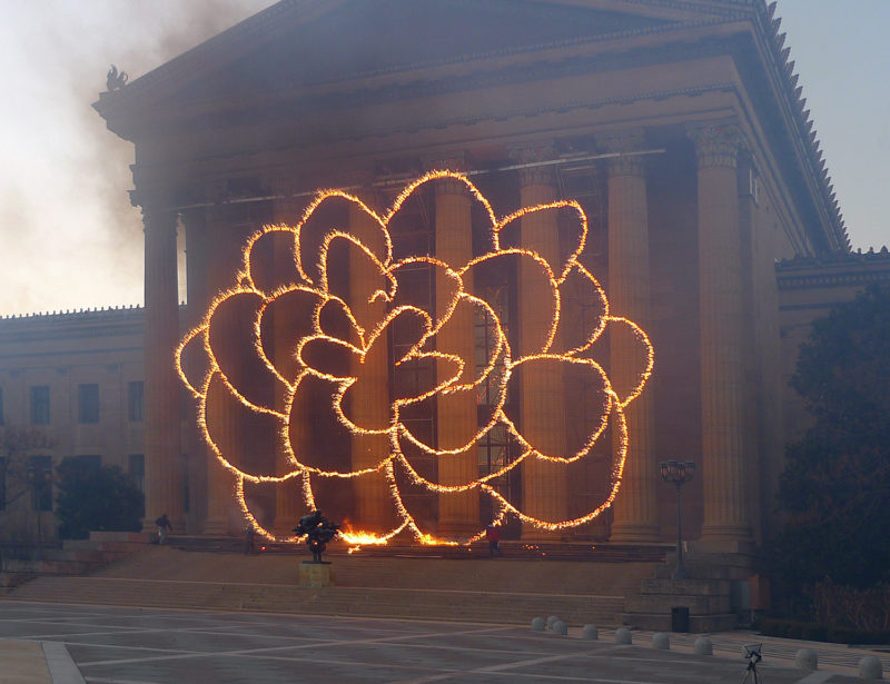 Cai Guo-Qiang - Fallen Blossoms- Explosion Project, 2009, Gunpowder fuse, metal net for gunpowder fuse, scaffolding, Explosion area (building facade) approximately 18.3 x 26.1 meters, Philadelphia Museum of Art