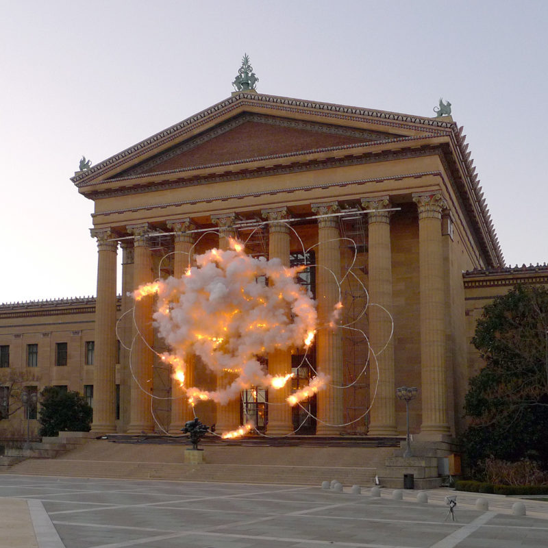 Cai Guo-Qiang - Fallen Blossoms- Explosion Project, 2009, Gunpowder fuse, metal net for gunpowder fuse, scaffolding, Explosion area (building facade) approximately 18.3 x 26.1 meters, Philadelphia Museum of Art