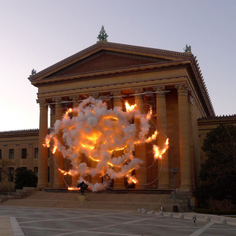 Cai Guo-Qiang - Fallen Blossoms- Explosion Project, 2009, Gunpowder fuse, metal net for gunpowder fuse, scaffolding, Explosion area (building facade) approximately 18.3 x 26.1 meters, Philadelphia Museum of Art