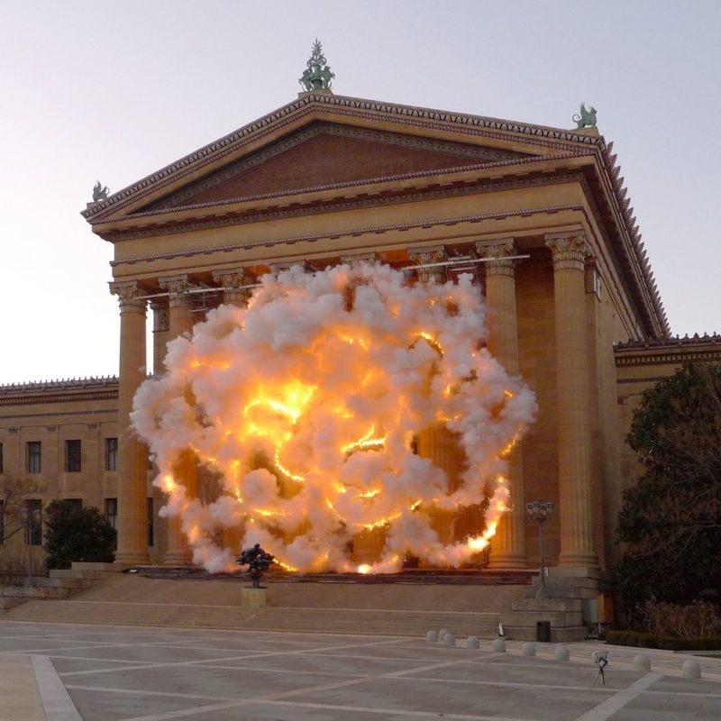 Cai Guo-Qiang - Fallen Blossoms- Explosion Project, 2009, Gunpowder fuse, metal net for gunpowder fuse, scaffolding, Explosion area (building facade) approximately 18.3 x 26.1 meters, Philadelphia Museum of Art