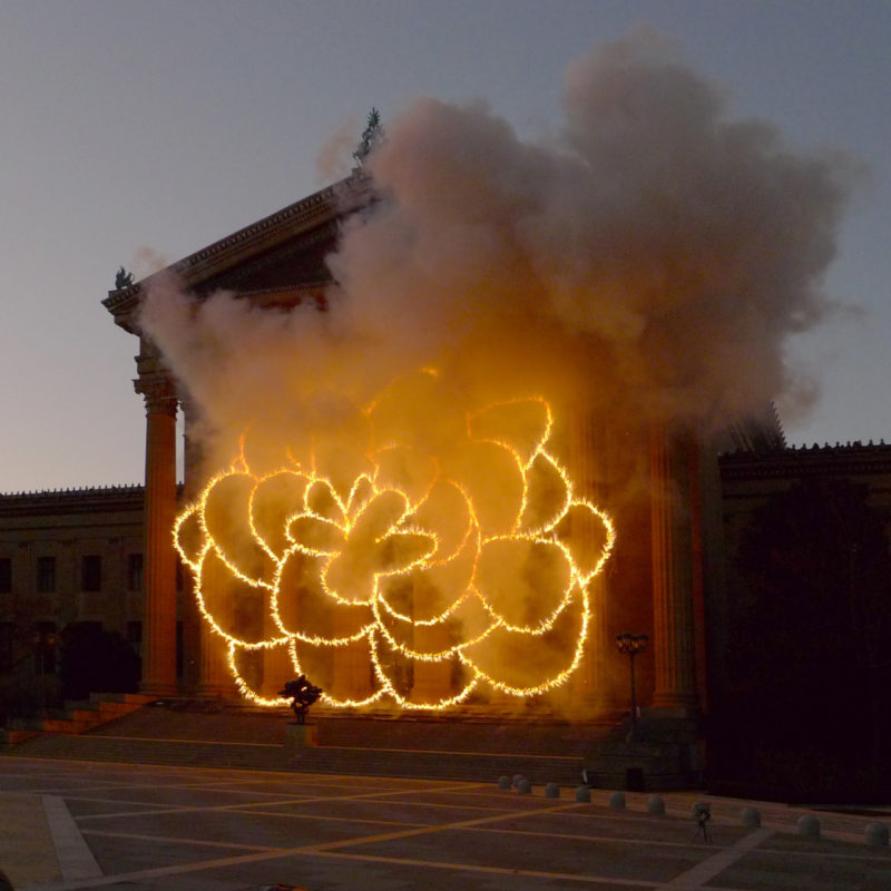 Cai Guo-Qiang - Fallen Blossoms- Explosion Project, 2009, Gunpowder fuse, metal net for gunpowder fuse, scaffolding, Explosion area (building facade) approximately 18.3 x 26.1 meters, Philadelphia Museum of Art