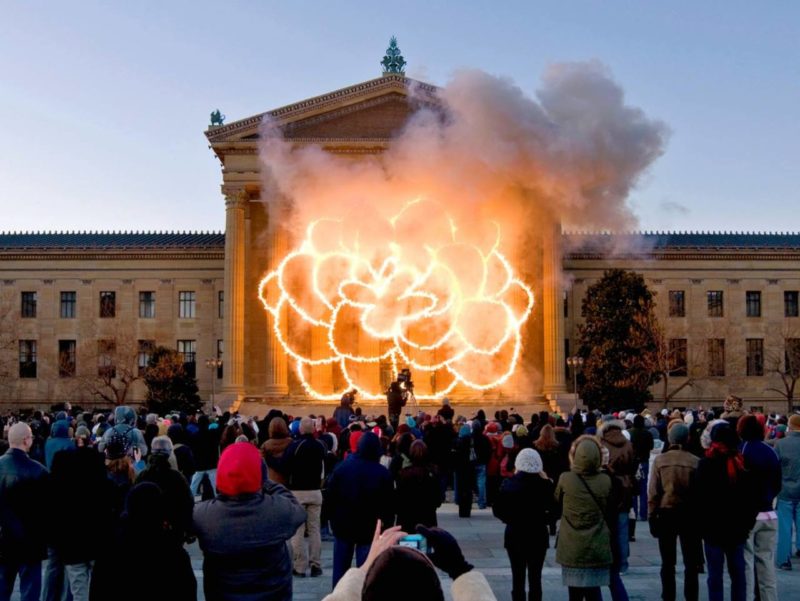 Cai Guo-Qiang - Fallen Blossoms- Explosion Project, 2009, Gunpowder fuse, metal net for gunpowder fuse, scaffolding, Explosion area (building facade) approximately 18.3 x 26.1 meters, Philadelphia Museum of Art