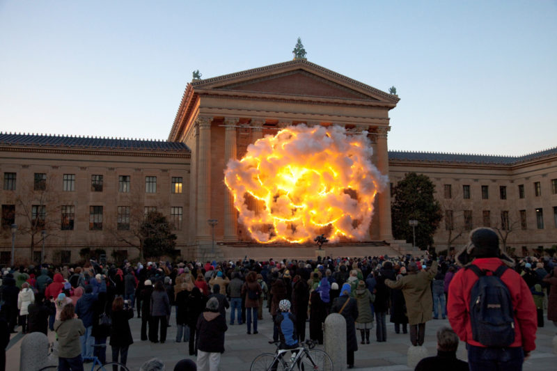 Cai Guo-Qiang - Fallen Blossoms- Explosion Project, 2009, Gunpowder fuse, metal net for gunpowder fuse, scaffolding, Explosion area (building facade) approximately 18.3 x 26.1 meters, Philadelphia Museum of Art