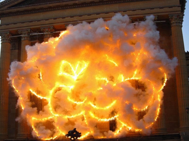 Cai Guo-Qiang - Fallen Blossoms- Explosion Project, 2009, Gunpowder fuse, metal net for gunpowder fuse, scaffolding, Explosion area (building facade) approximately 18.3 x 26.1 meters, Philadelphia Museum of Art