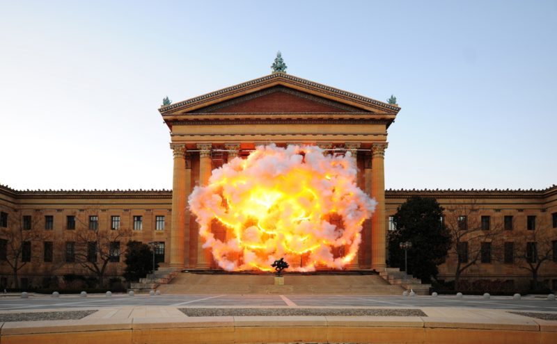 Cai Guo-Qiang - Fallen Blossoms- Explosion Project, 2009, Gunpowder fuse, metal net for gunpowder fuse, scaffolding, Explosion area (building facade) approximately 18.3 x 26.1 meters, Philadelphia Museum of Art