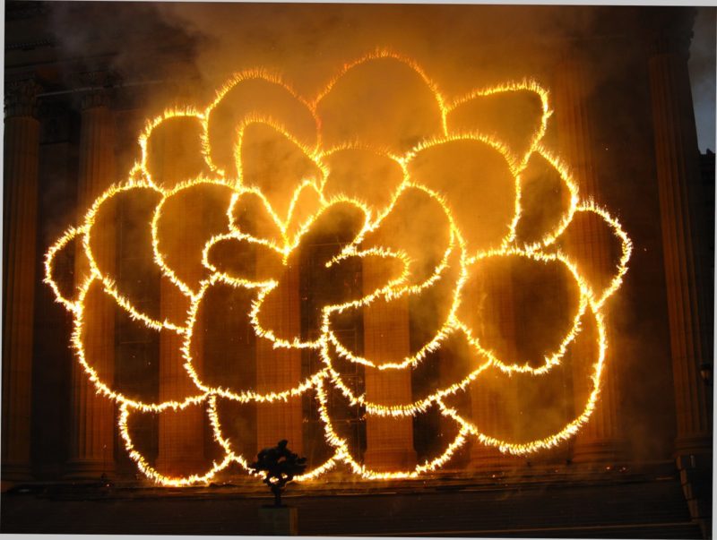 Cai Guo-Qiang - Fallen Blossoms- Explosion Project, 2009, Gunpowder fuse, metal net for gunpowder fuse, scaffolding, Explosion area (building facade) approximately 18.3 x 26.1 meters, Philadelphia Museum of Art