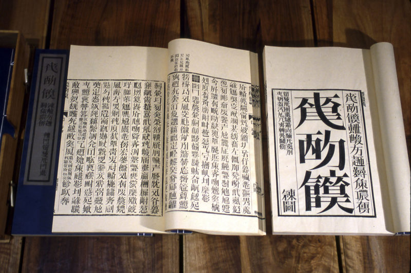 Detail of Xu Bing - Book from the Sky, 1987-1991, installation of hand-printed books and ceiling and wall scrolls printed from wood letterpress type, ink on paper, dimensions variable