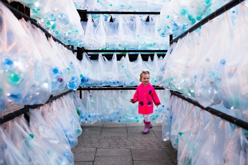 Luzinterruptus - Labyrinth of plastic waste, 2014, 6000 discarded water bottles, 7 x 5 m, Katowice, Poland