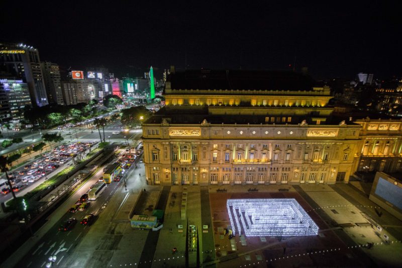 Luzinterruptus - Labyrinth of plastic waste, 2018, 15000 discarded water bottles, bags, metal, lights, 12 x 12 m, Plaza Vaticano, Buenos Aires, Argentina