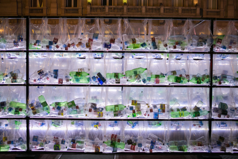 Luzinterruptus - Labyrinth of plastic waste, 2018, 15000 discarded water bottles, bags, metal, lights, 12 x 12 m, Plaza Vaticano, Buenos Aires, Argentina