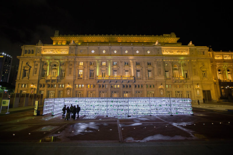 Luzinterruptus - Labyrinth of plastic waste, 2018, 15000 discarded water bottles, bags, metal, lights, 12 x 12 m, Plaza Vaticano, Buenos Aires, Argentina