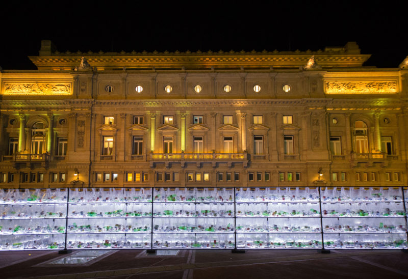 Luzinterruptus - Labyrinth of plastic waste, 2018, 15000 discarded water bottles, bags, metal, lights, 12 x 12 m, Plaza Vaticano, Buenos Aires, Argentina