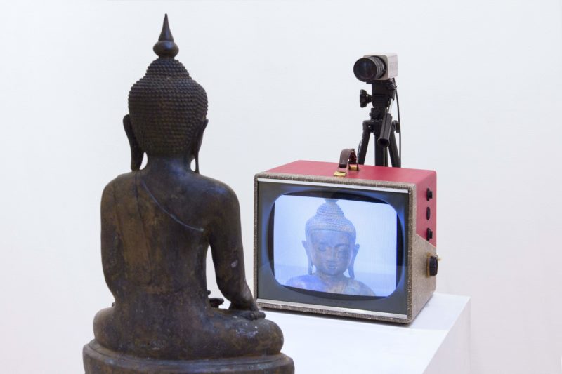 Nam June Paik - TV Buddha, 1992, Buddha, monitor, CCTV camera, 134.6 x 210.8 × 55.9 cm, 53.0 x 83.0 × 22.0 in