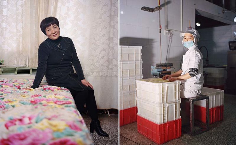 Shi Yangkun - Left- Cui Miaoyun poses for a portrait at home; right- A worker at a noodle factory in Nanjie, Henan province, 2018