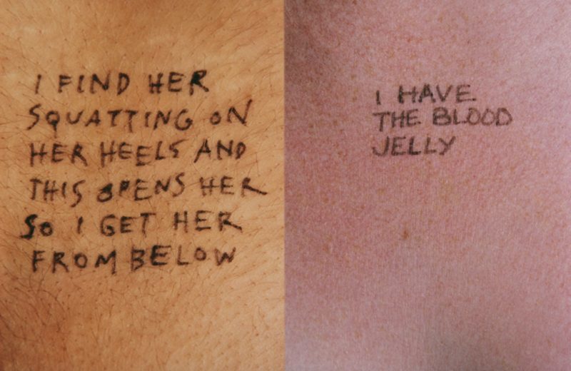 Jenny Holzer - Lustmord - I find her squatting on her heels and this opens her so I get her from below & I have the blood jelly, 1993-1994, ink on skin, cibachrome prints