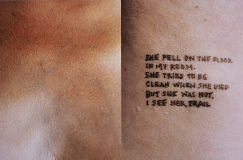 Jenny Holzer - Lustmord - She fell on the floor in my room. She tired to be clean when she died but she was not. I see her trail, 1993-1994, ink on skin