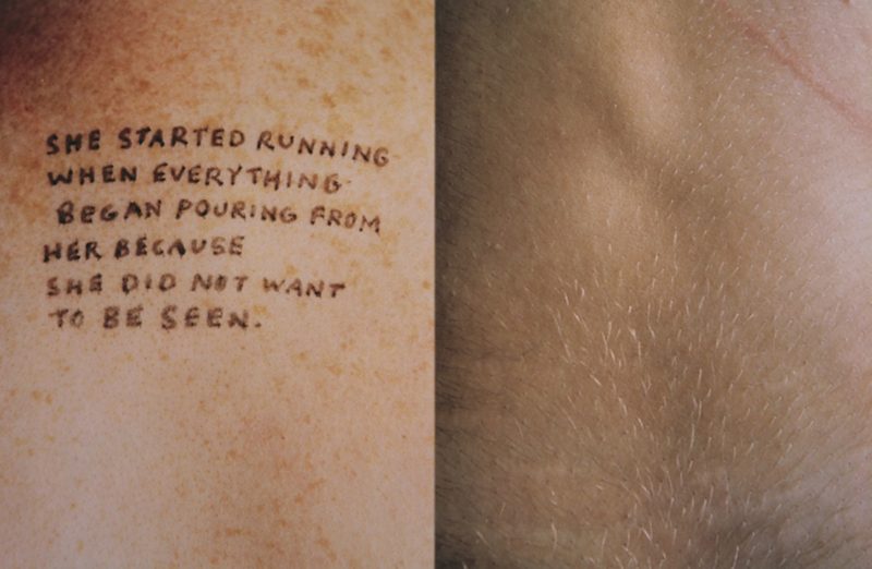 Jenny Holzer - Lustmord - She started running when everything began pouring from her because she did not want to be seen., 1993-1994, ink on skin