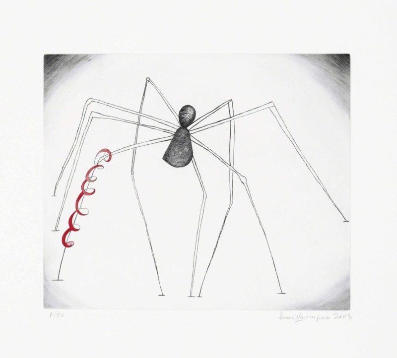 Louise Bourgeois - Untitled (Spider and Snake), 2003, Drypoint with hand-coloring in red gouache and ink, on wove paper, 44.1 × 48.3 cm (17 2/5 × 19 in)
