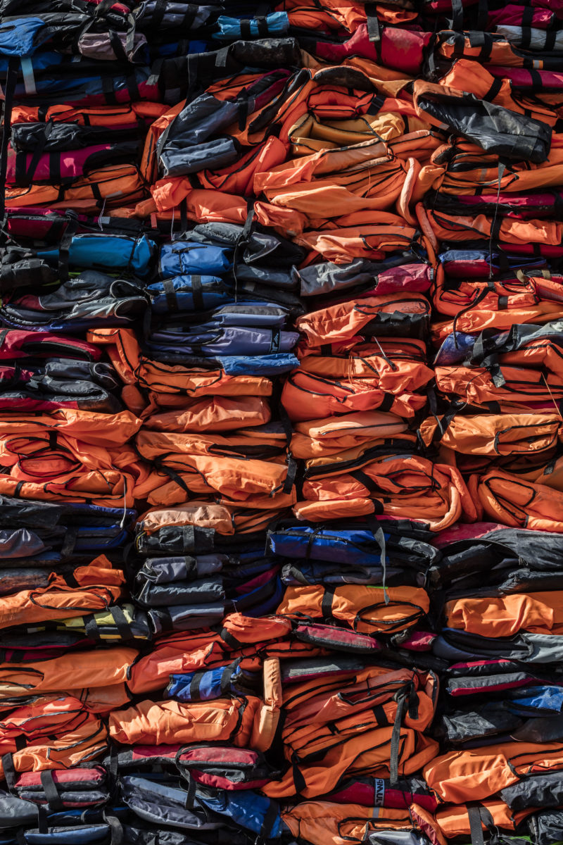 Ai Weiwei - Soleil Levant, 2017, life jackets in front of windows of facade, Kunsthal Charlottenborg, 2017, Anders Sune Berg.